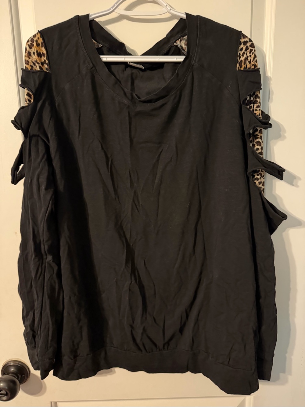 Black Cold-Shoulder Sweatshirt with Leopard-Print Trim